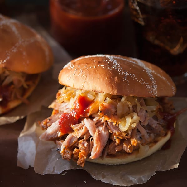 Close-up of a Hard Times BBQ pulled pork sandwich with sauce and onions on a bun.
