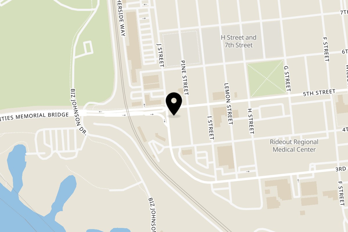 Map showing the location of Hard Times BBQ on 427 J St in Marysville